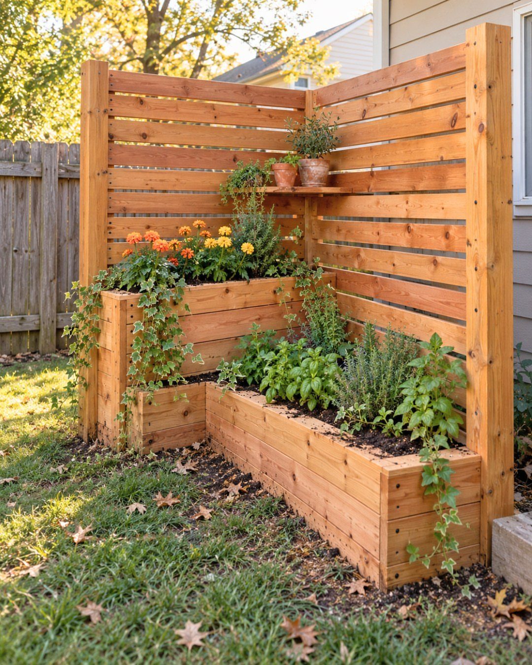 2 Tier Planter Boxes: 3 Ideas for Small Patios and Yards 1 Two-tier wooden planter box with herbs and flowers against a cedar slat fence.