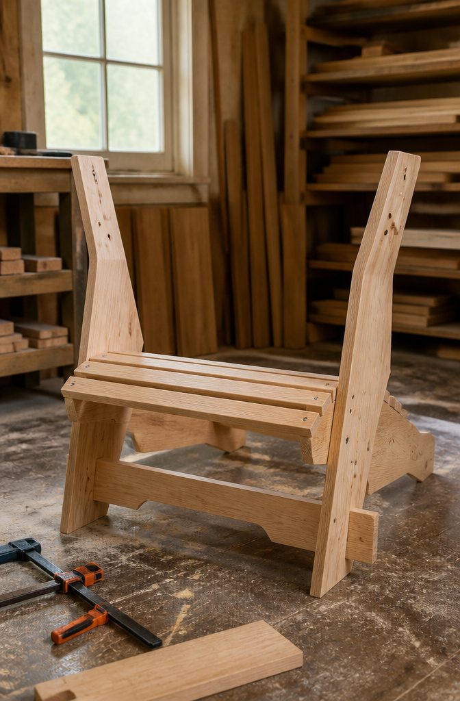 Upright Adirondack chair side supports with notches for the seat stretcher