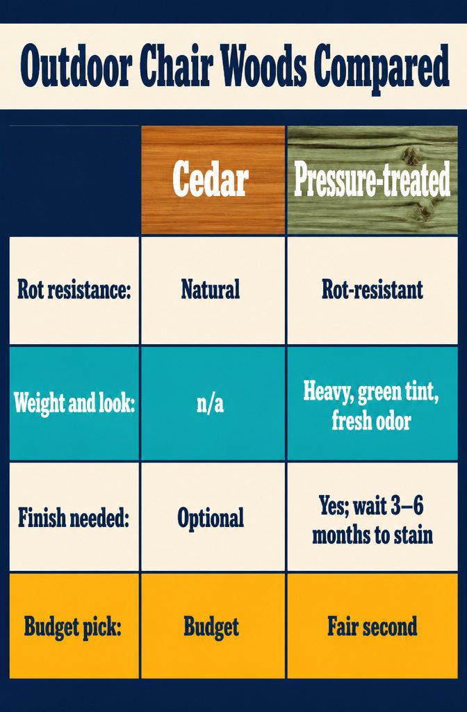 Outdoor chair wood comparison chart listing cedar redwood treated lumber and pine
