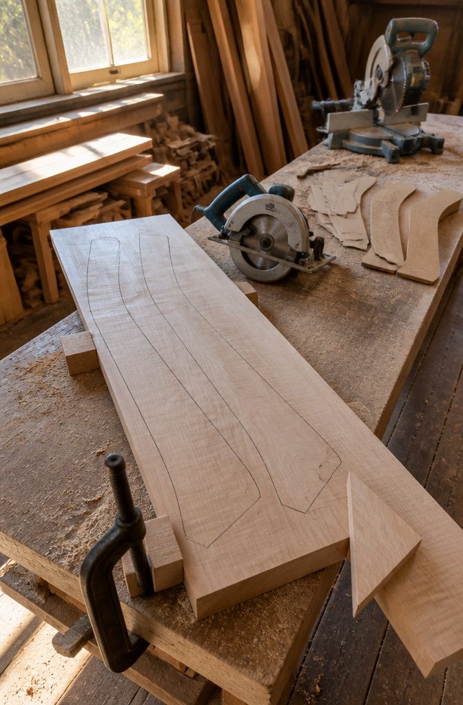 Back leg outlines traced on a board beside a triangular offcut