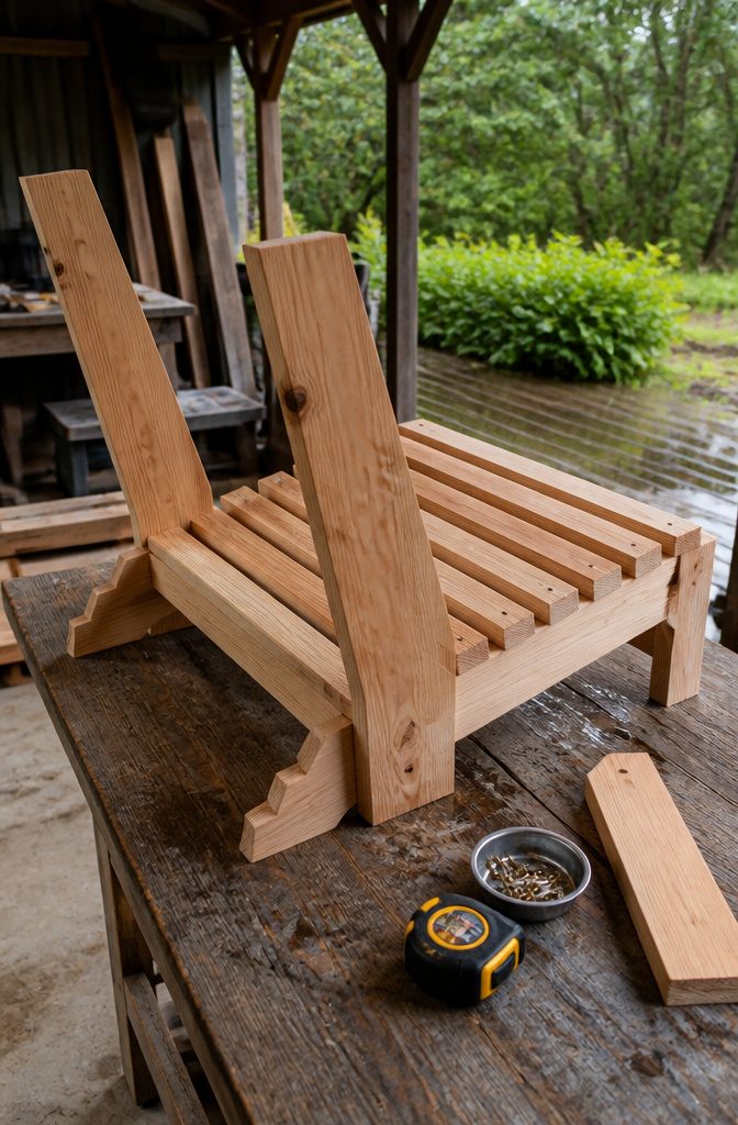 Adirondack chair frame with evenly spaced seat slats and front apron