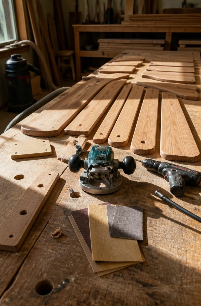 Separate cedar chair boards beside a router and sandpaper