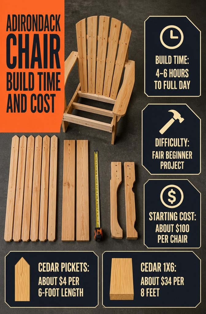 Adirondack chair build chart with time and cost estimates