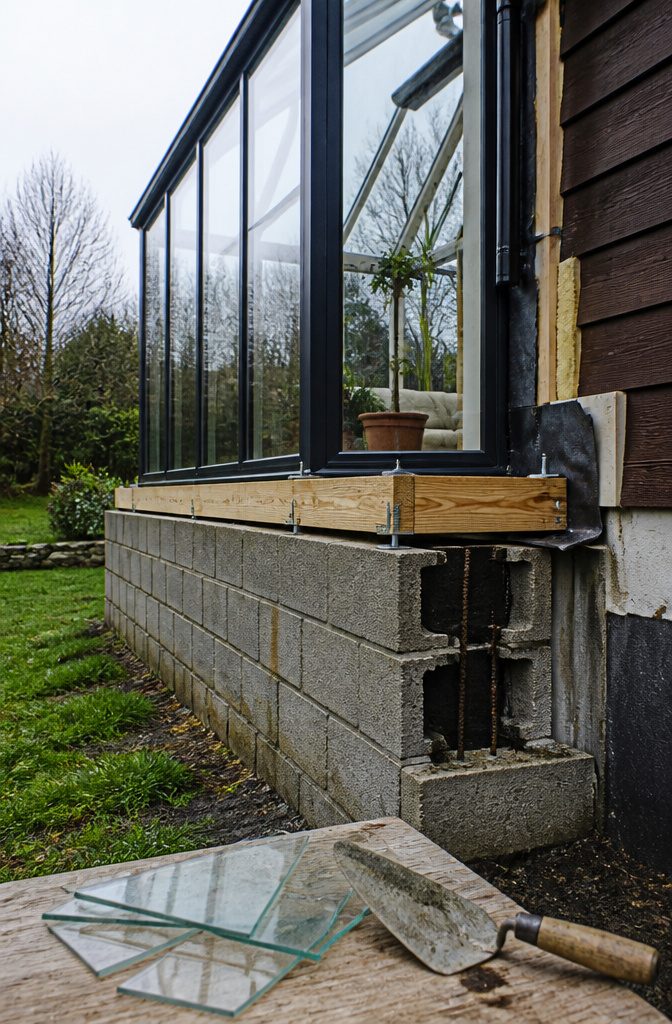 Attached greenhouse glass framing above block foundation with exposed wall junction