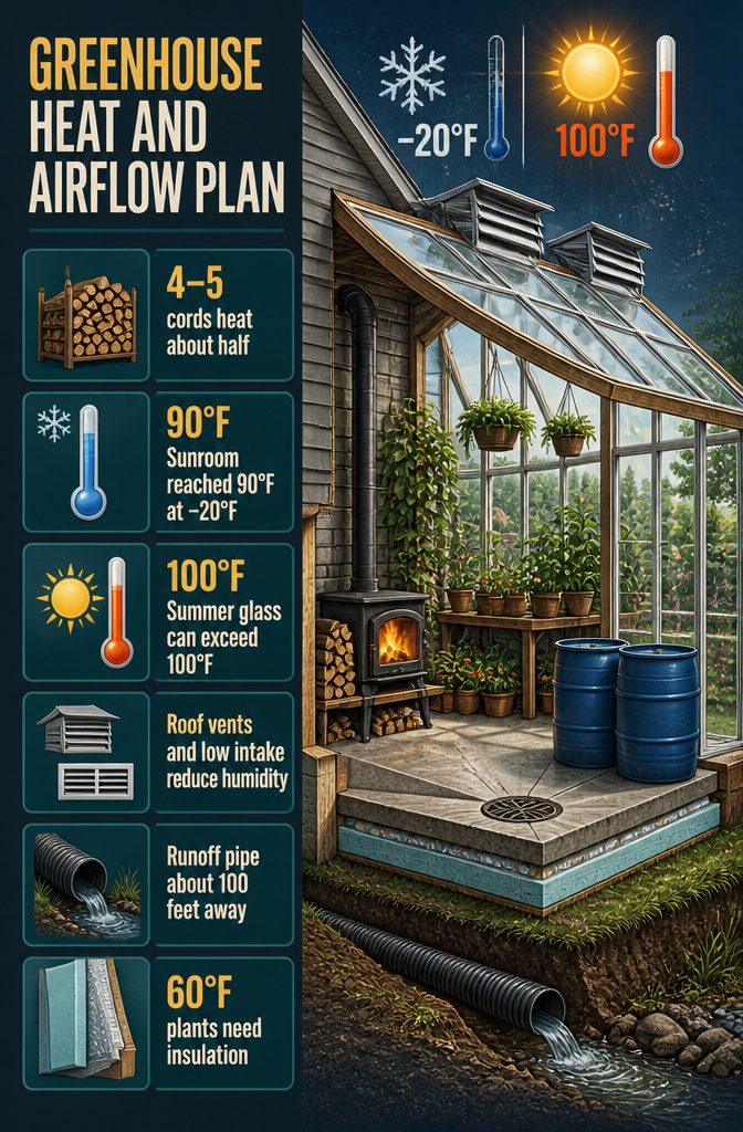 Greenhouse airflow diagram with roof vents and a low intake opening