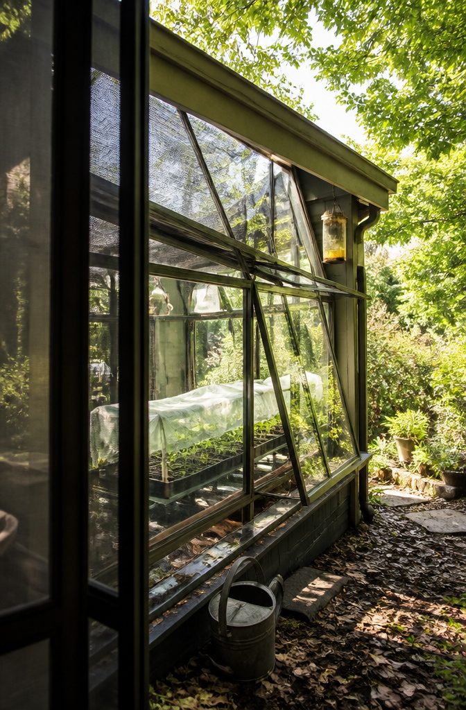 South-facing greenhouse with shade cloth open screened windows and roof vents