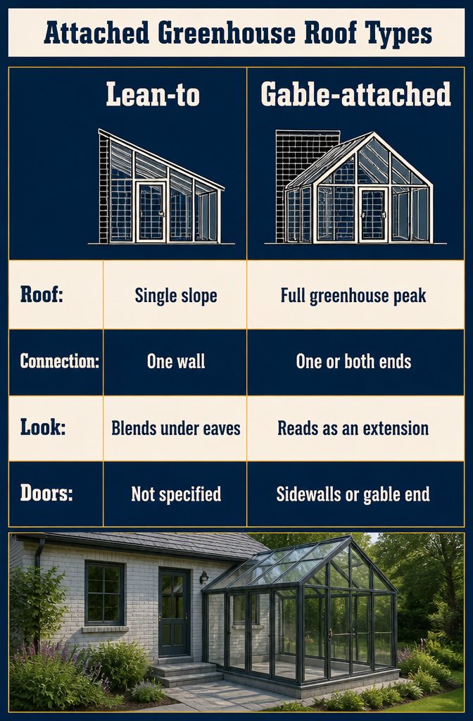 Lean-to and gable-attached greenhouse roof diagrams beside a house wall