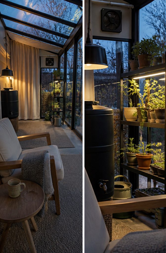 Sunroom with seating beside plant shelves and greenhouse supplies