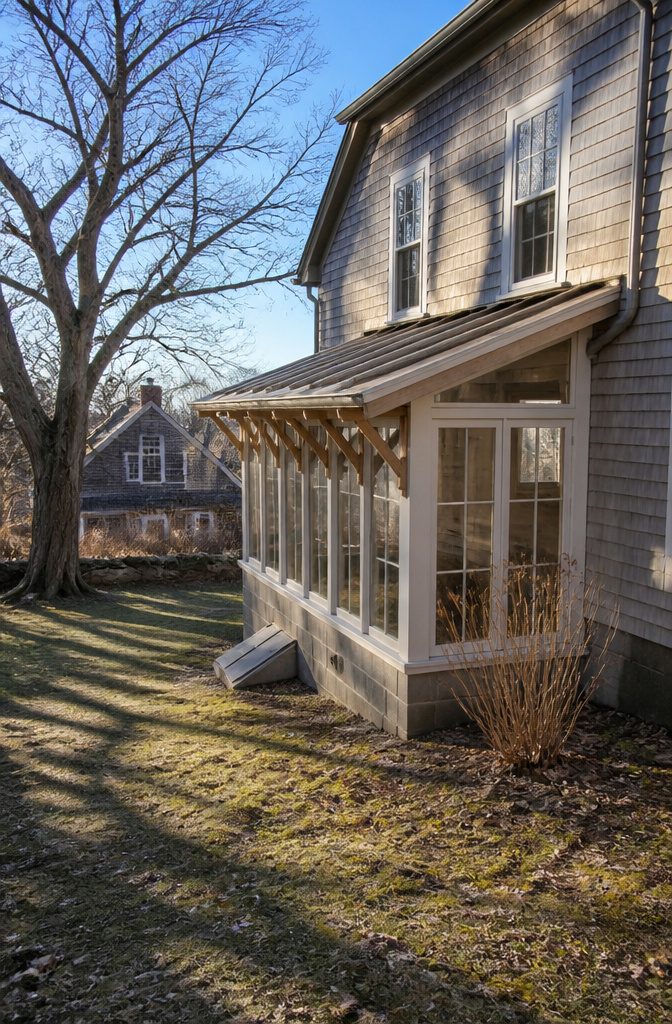 Attached greenhouse along a house wall with cellar windows and outdoor access