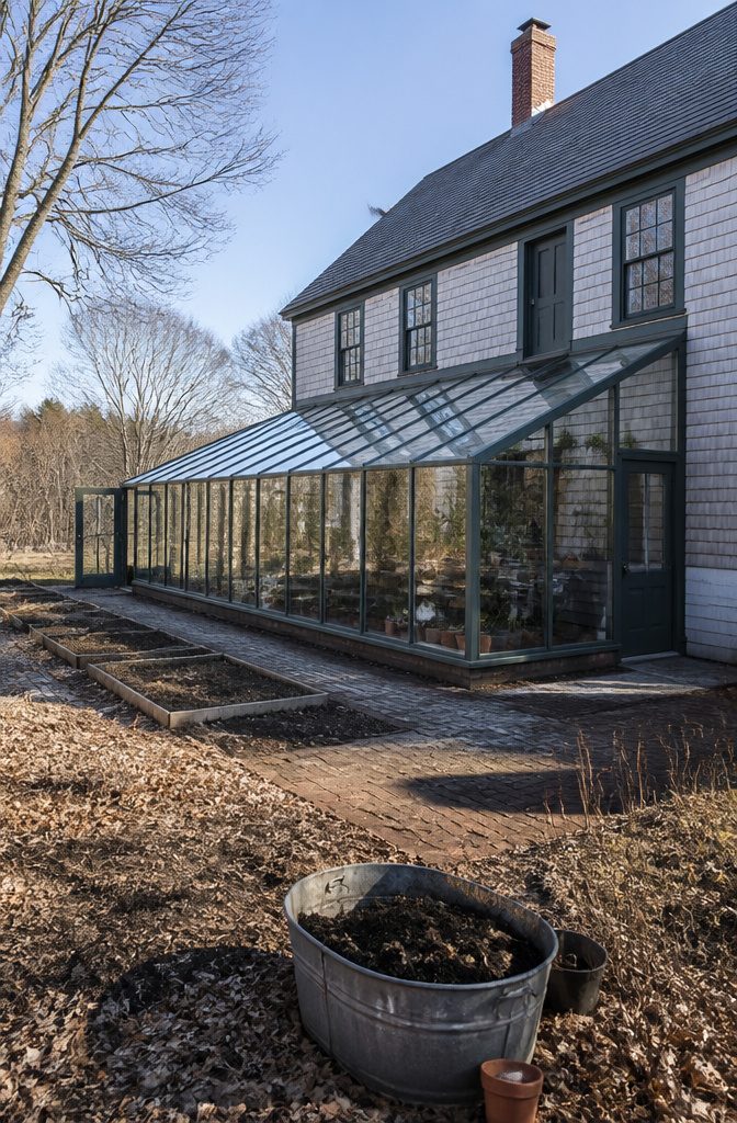 Attached greenhouse beside a house with glazed walls and multiple doors