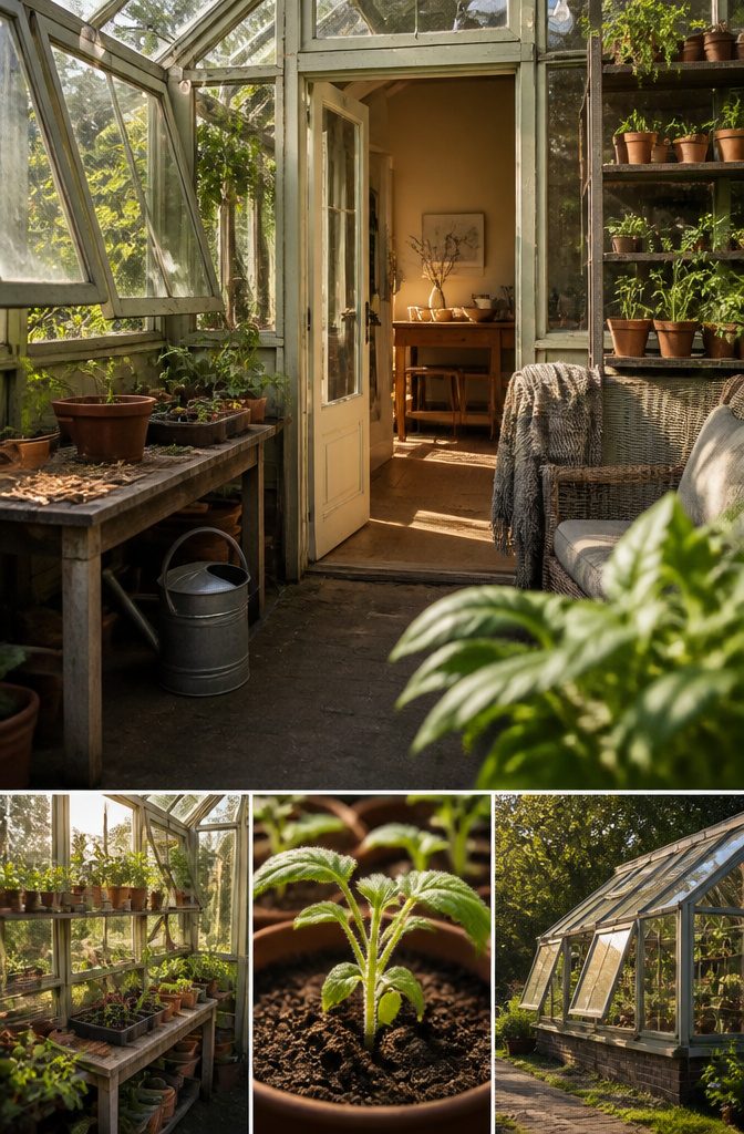 Attached greenhouse sunroom with plants, seating, shelves and string lights