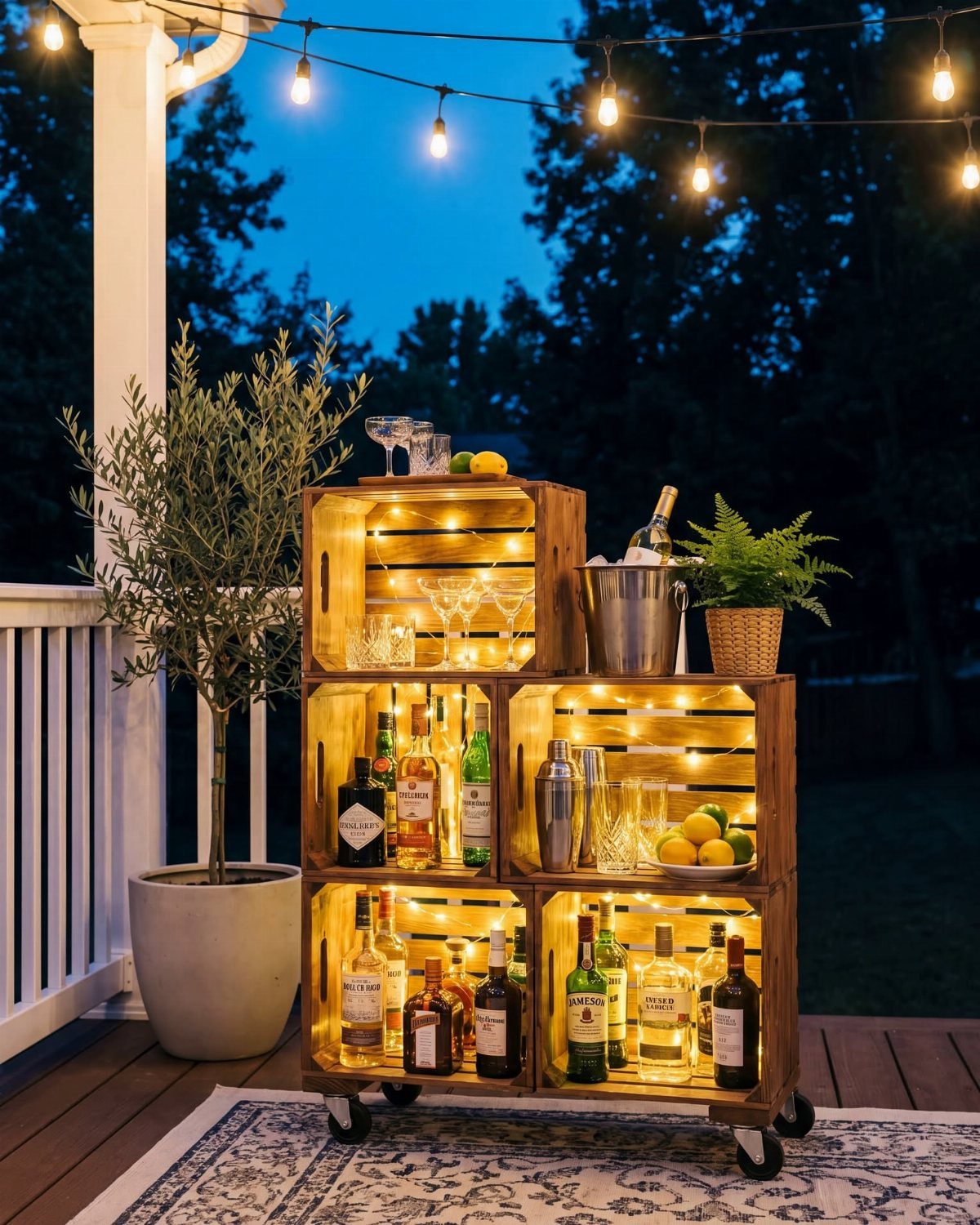 23 Backyard DIY Ideas for a Patio, Garden and Fire Pit 10 Wooden bar cart made from aged crates with bottles and glasses on a porch