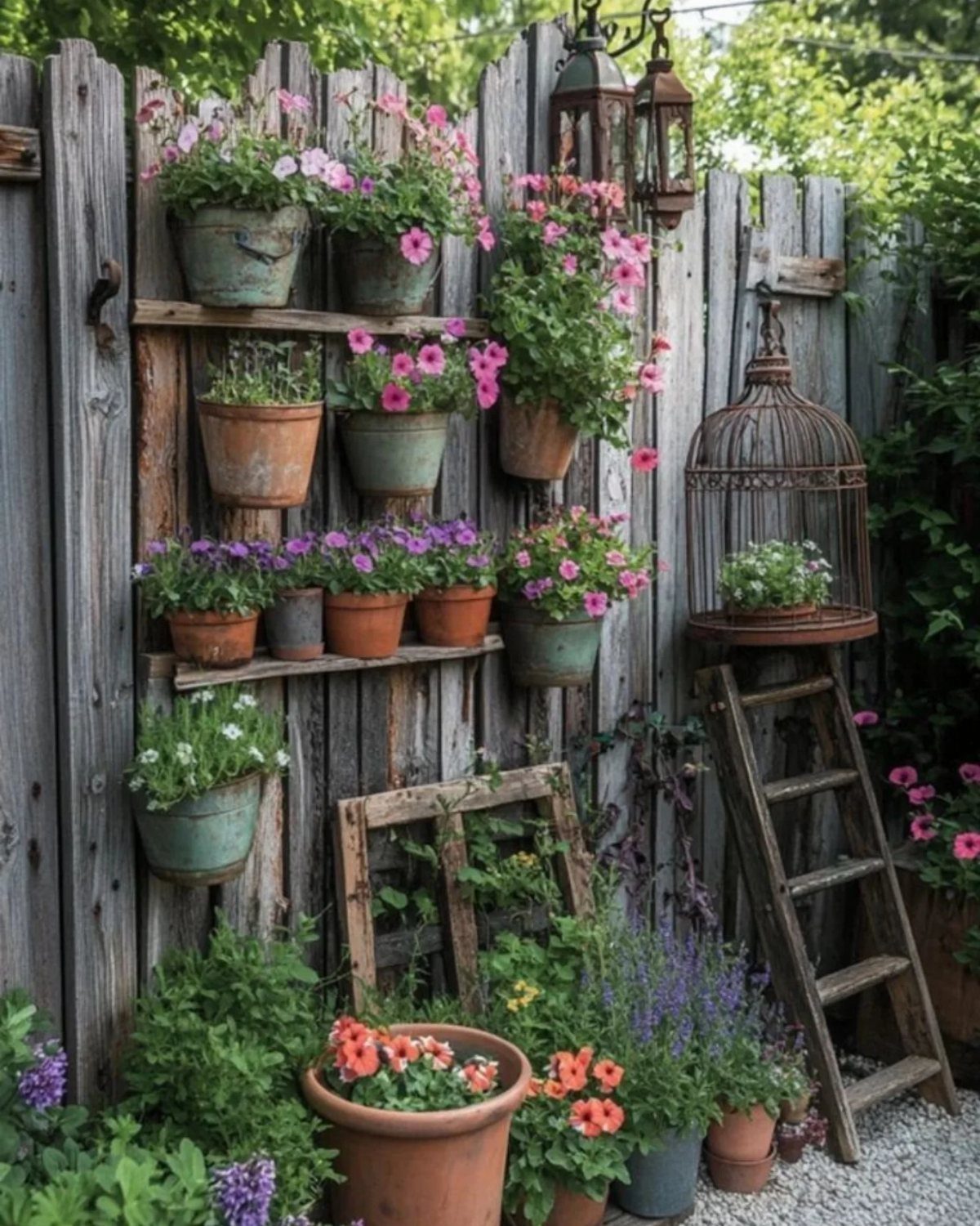 23 Backyard DIY Ideas for a Patio, Garden and Fire Pit 12 Rustic wooden fence with vintage birdcage, old window frame, and colorful potted flowers.