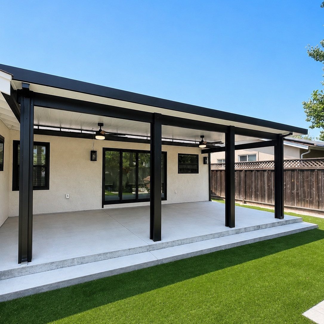 23 Backyard DIY Ideas for a Patio, Garden and Fire Pit 5 Black painted metal patio cover with ceiling fans over a concrete patio and lawn.