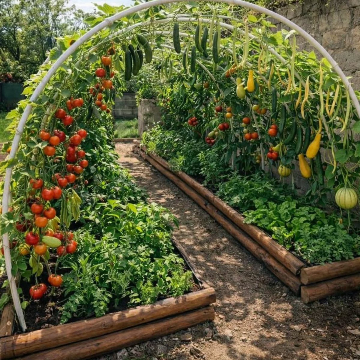 23 Backyard DIY Ideas for a Patio, Garden and Fire Pit 2 Wooden raised garden beds with red tomatoes and yellow squash under a white arch.