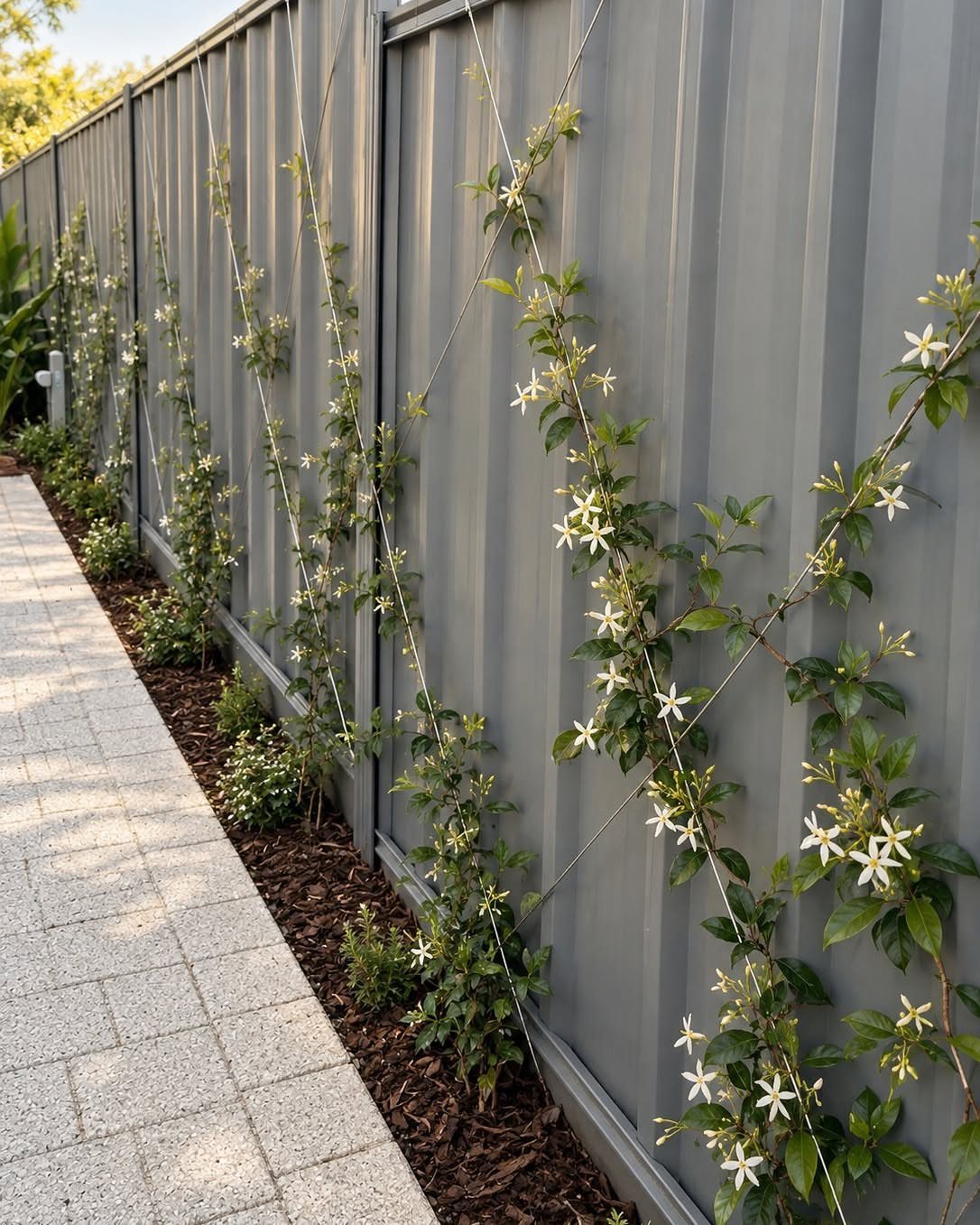 10 Backyard Fence Landscaping Ideas for Beautiful Borders 7 Climbing plants with white flowers on a trellis against a grey metal fence