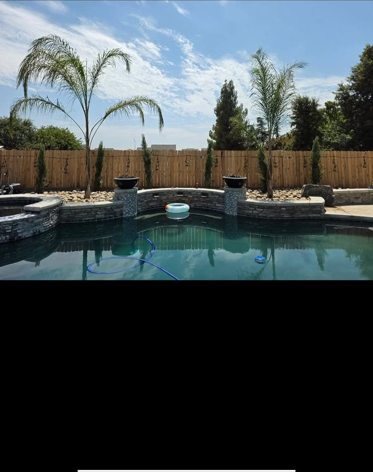 10 Backyard Fence Landscaping Ideas for Beautiful Borders 2 Palm trees and small shrubs in gravel beds along a wooden backyard fence.