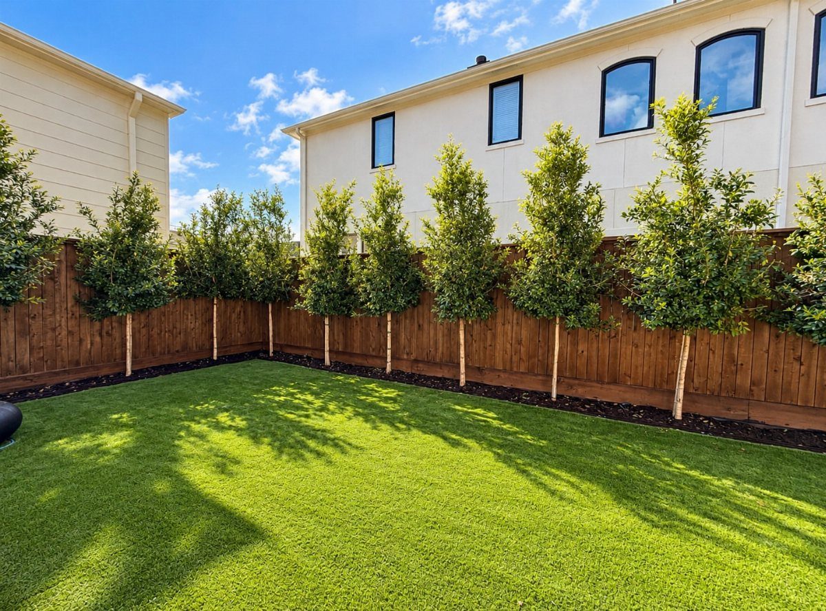 10 Backyard Fence Landscaping Ideas for Beautiful Borders 4 Row of slender standard trees planted along a wooden backyard fence and green lawn