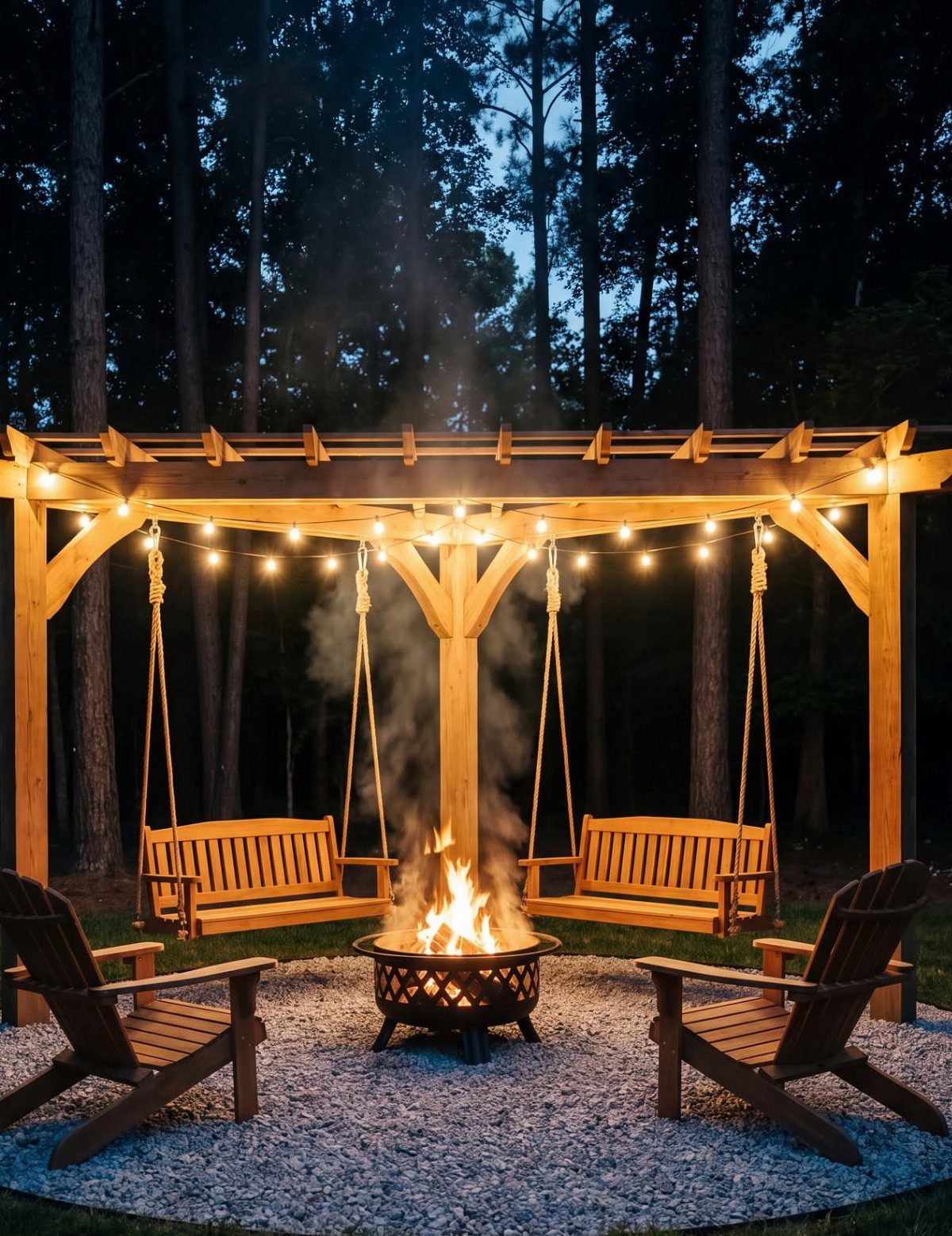 Lit metal fire pit surrounded by wooden chairs and swings under a pergola.