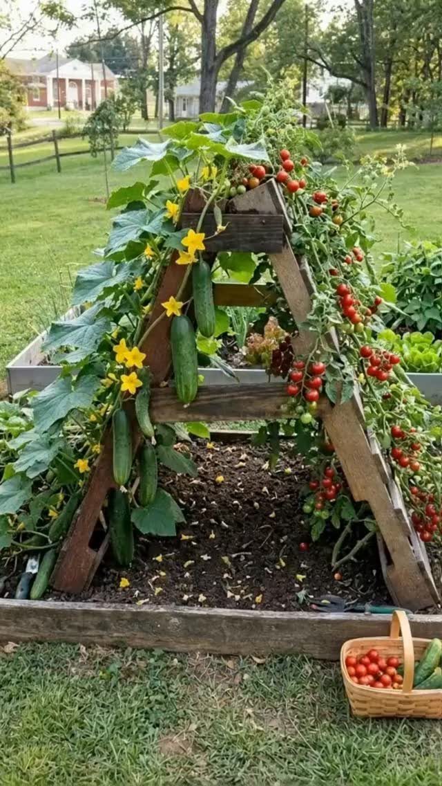 Wooden A-frame trellis supporting climbing cucumbers and cherry tomatoes in a raised bed.