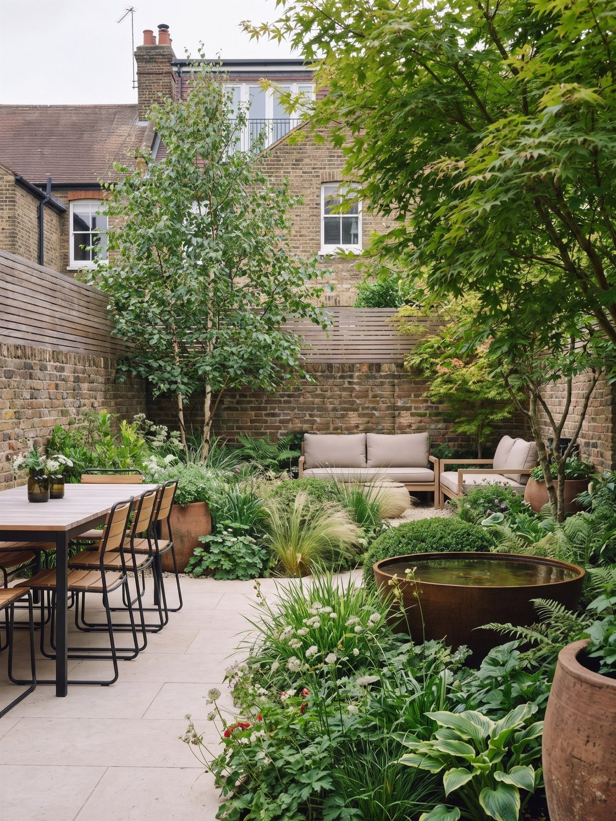 Urban backyard patio with a wooden slat privacy screen atop a brick wall.