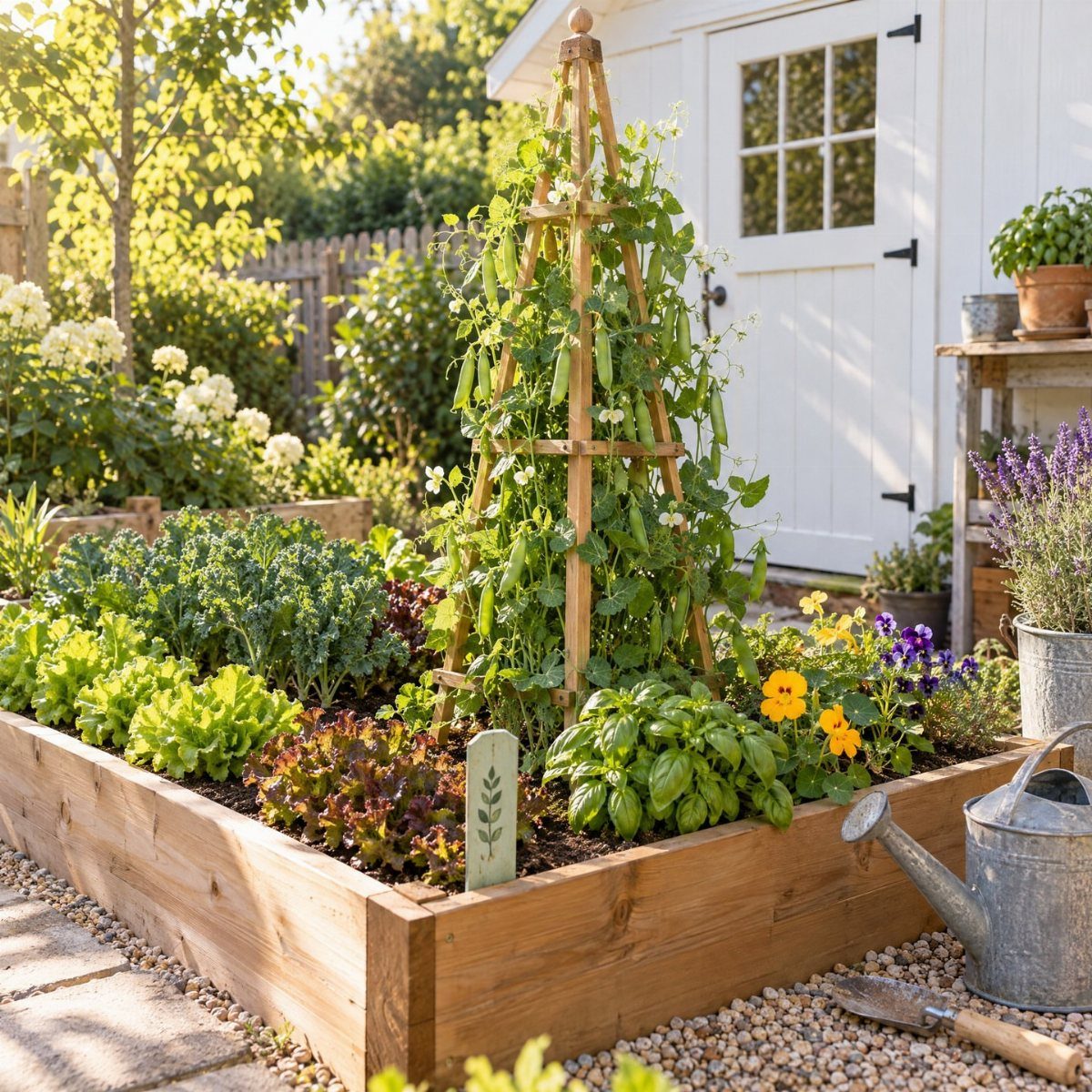 Wooden raised garden bed with vegetables and flowers next to a white shed.