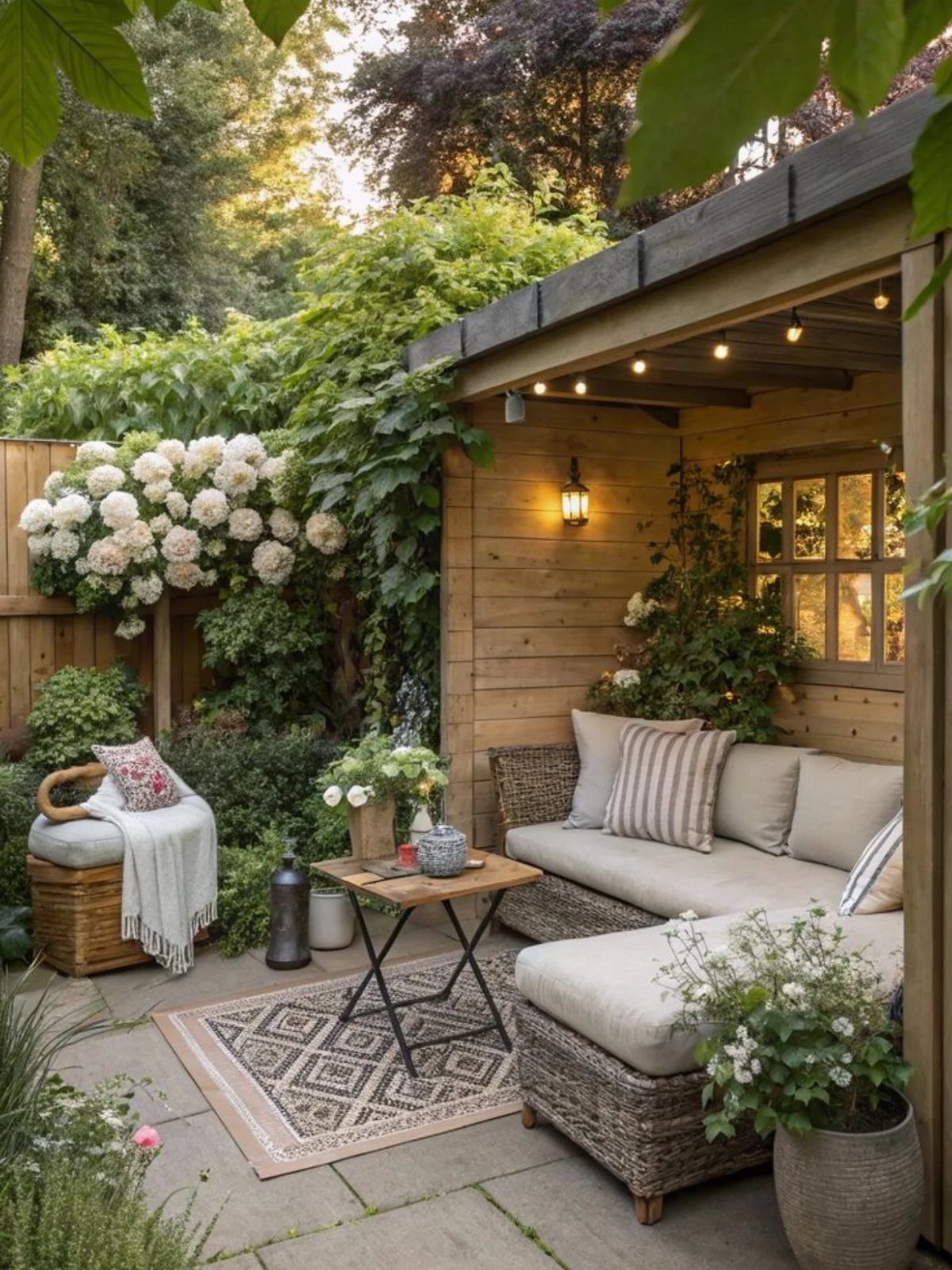 Cozy outdoor lounge with wicker furniture, patterned rug, and lush garden greenery.