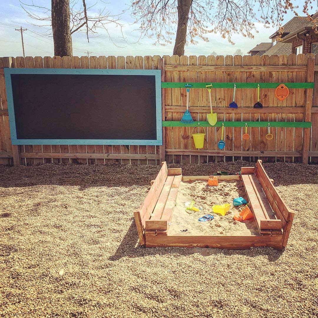 Large black chalkboard with blue frame mounted on a wooden backyard fence.