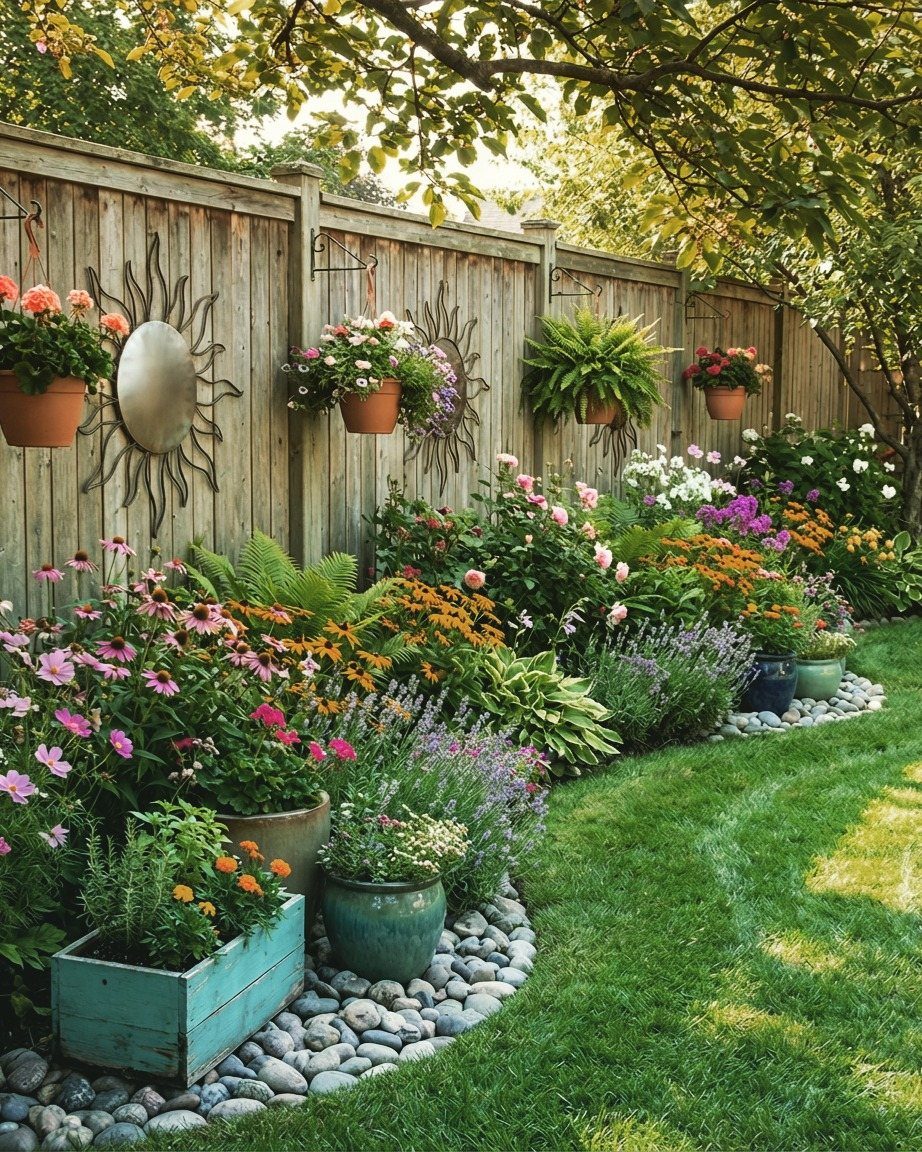 Lush flower beds and hanging pots along a wooden backyard fence with stone edging.