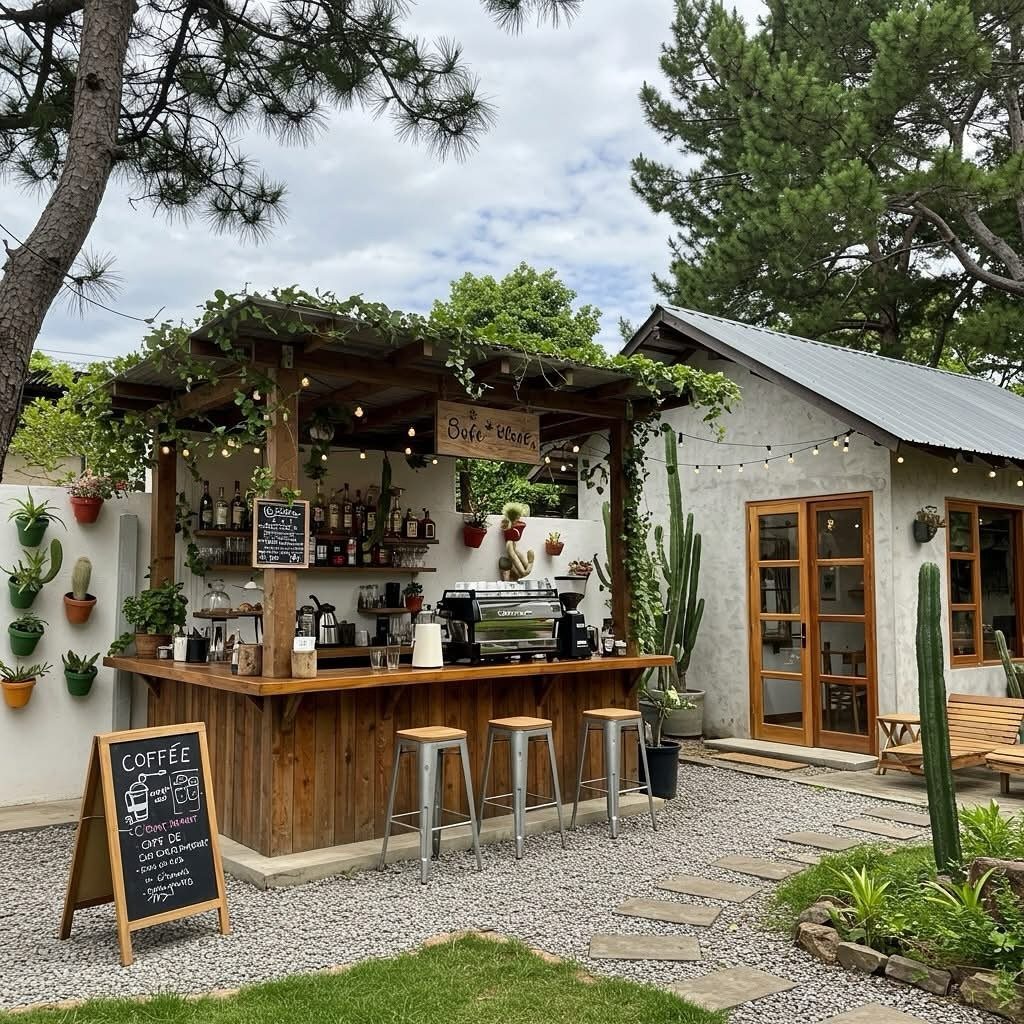 Outdoor coffee bar with wooden counter and metal stools in a gravel courtyard.
