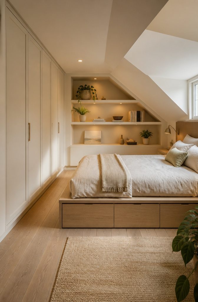 Basement bedroom with recessed shelves and built-in wardrobe.