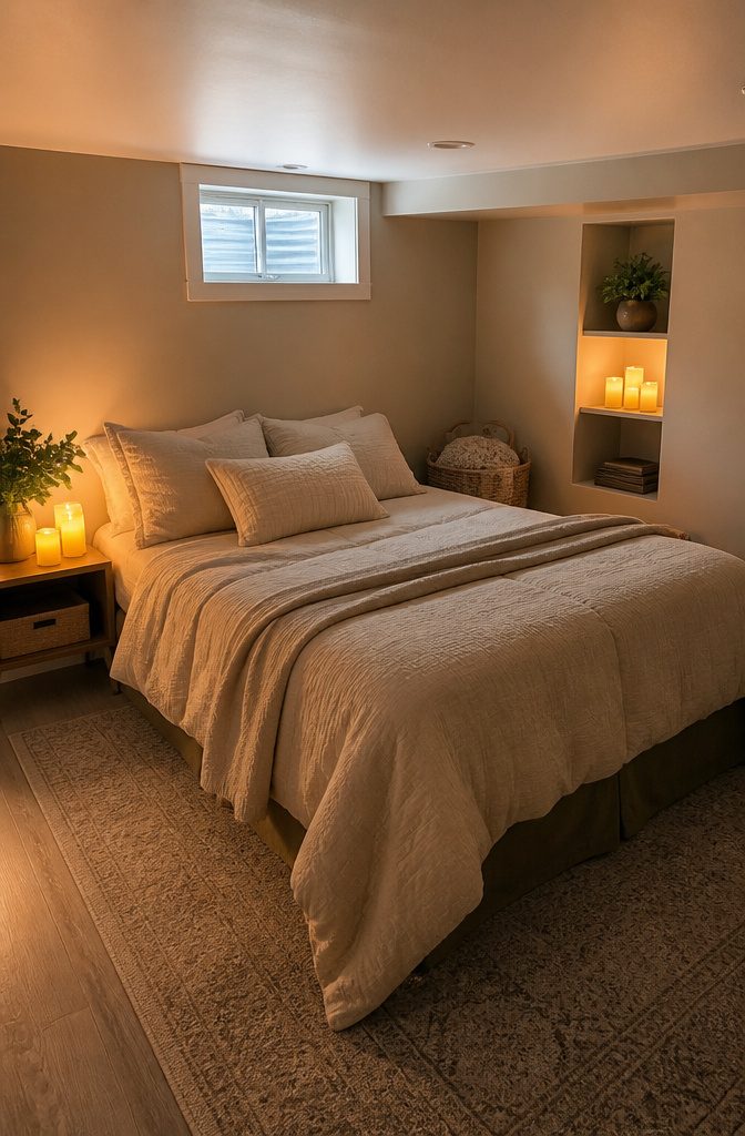 Basement bedroom with battery-operated candles on the bedside table.