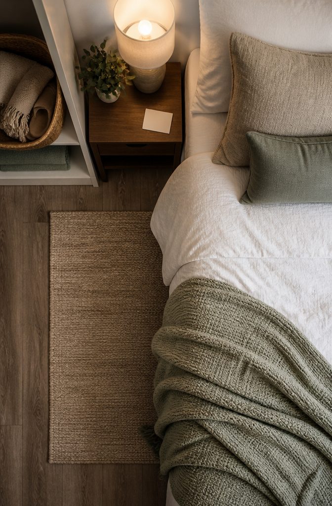 Cozy basement guest room with a basket of comforts on the shelf.