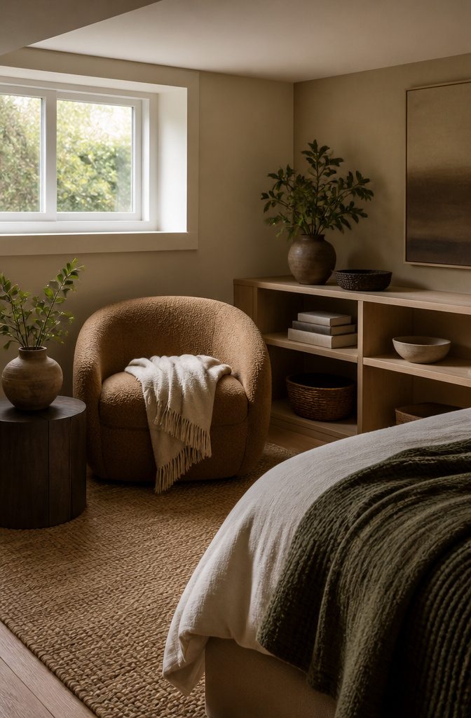 Basement bedroom with a bouclé upholstered reading chair and side table.