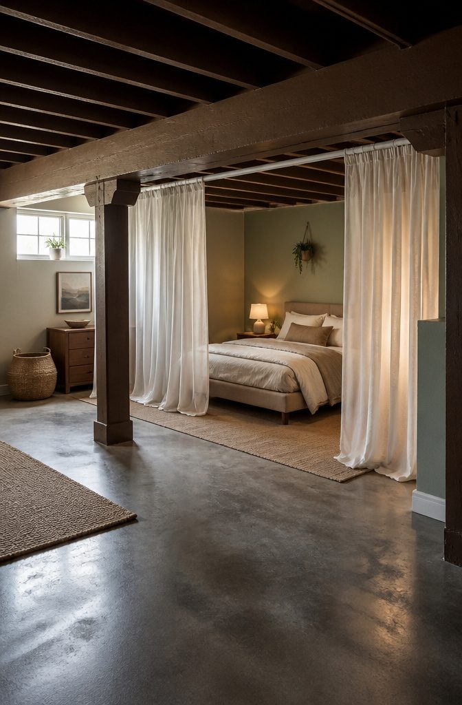 Basement bedroom with ceiling-mounted curtain tracks and soft fabric panels.