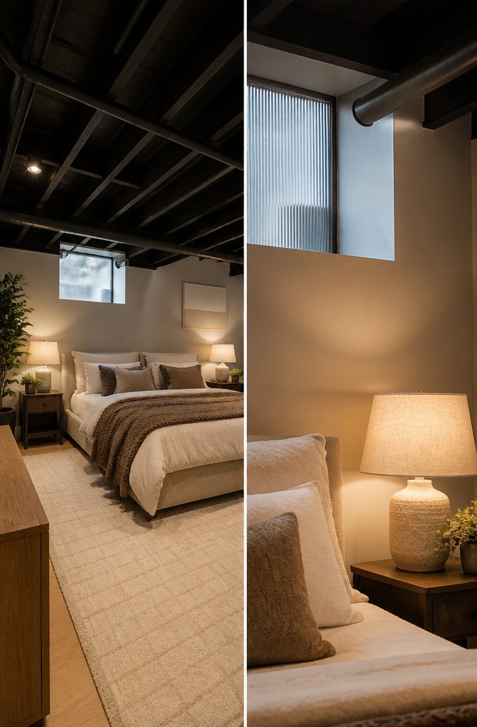 Basement bedroom with painted exposed ductwork and dark beams.
