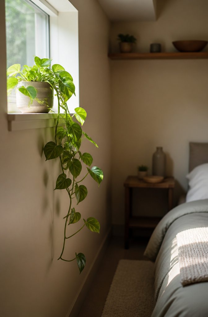 Basement bedroom featuring a pothos plant on a dresser.