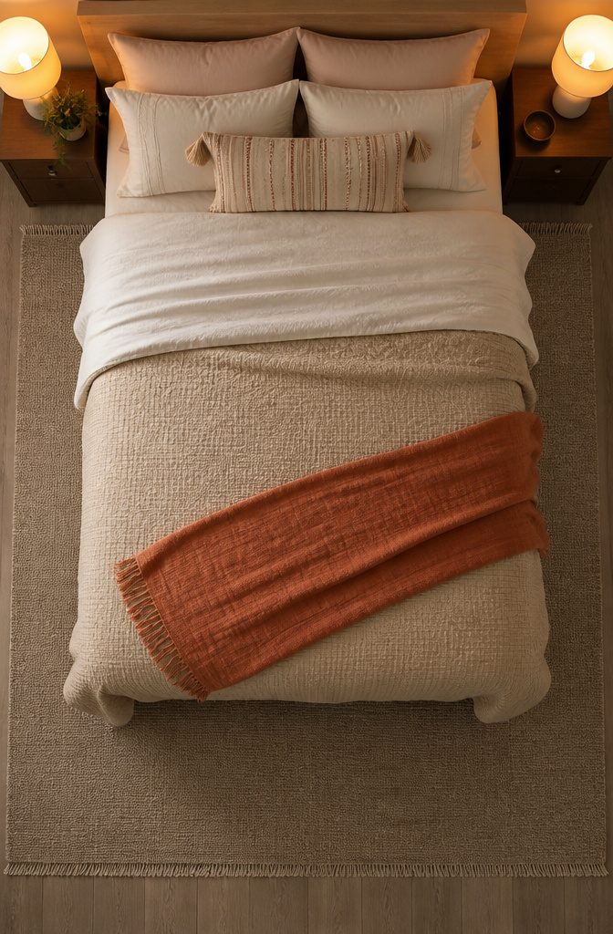 Basement bedroom with layered bedding including a duvet and throw blankets.