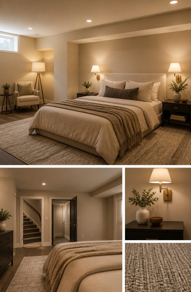 Basement bedroom featuring multiple layers of lighting sources.