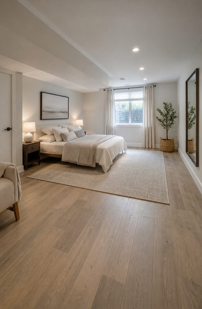 Basement bedroom with a large mirror opposite the window.