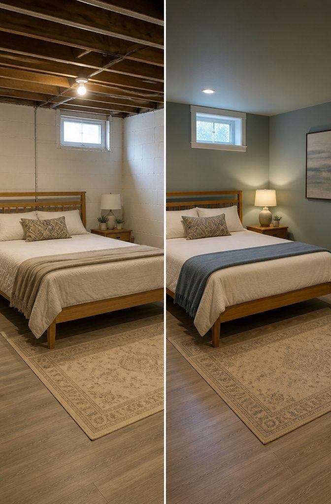Basement bedroom painted in soft gray tones.