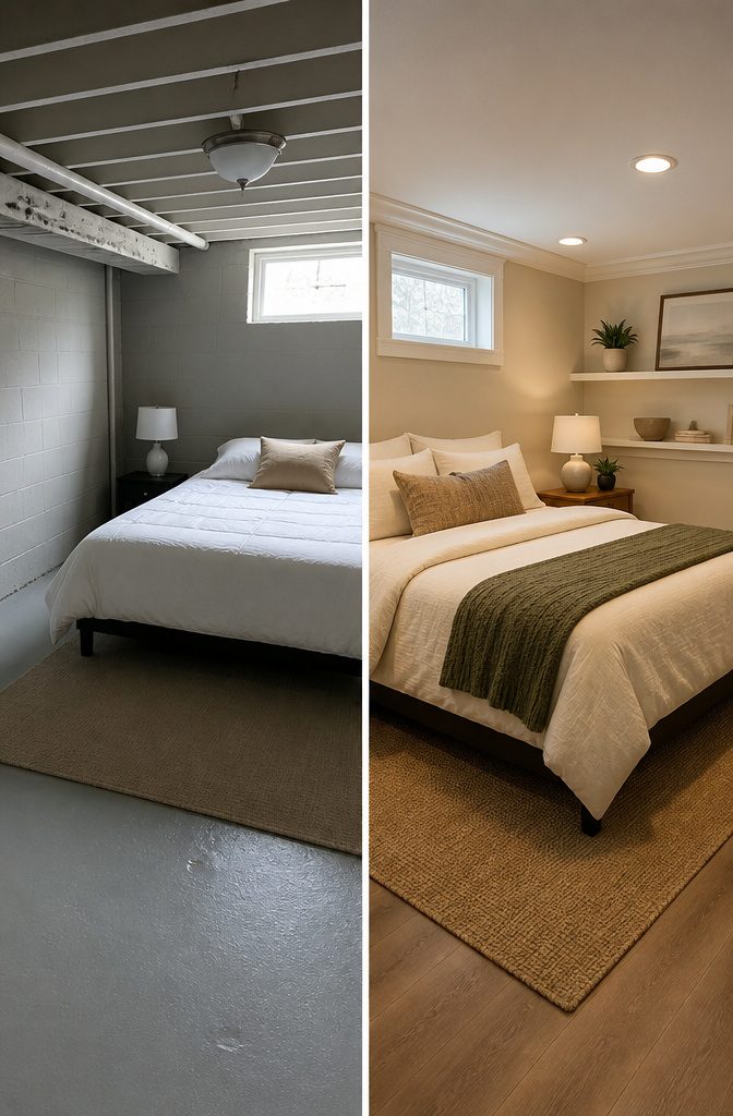 Basement bedroom with painted trim and matching wall color.