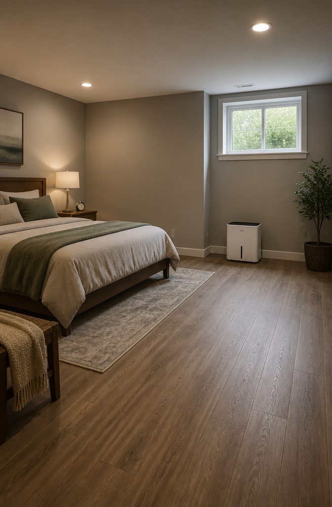Basement bedroom with a dehumidifier positioned away from the bed.