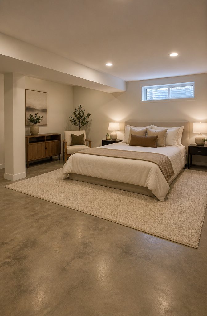 Basement bedroom with a large area rug under the bed.