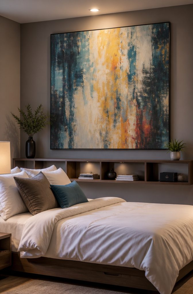 Basement bedroom featuring a large statement artwork above the bed.
