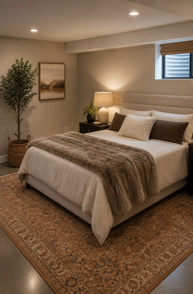 Basement bedroom with faux fur throw and bouclé pillow.