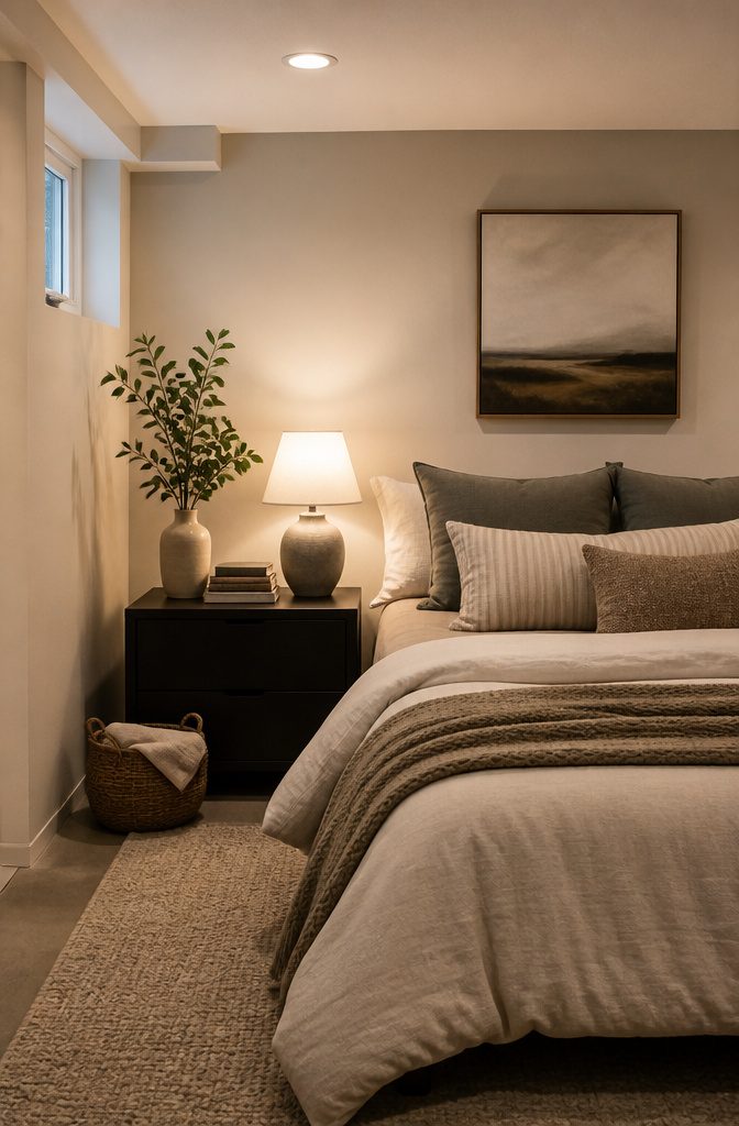 Beautifully styled basement bedroom with neutral decor and a bedside lamp.