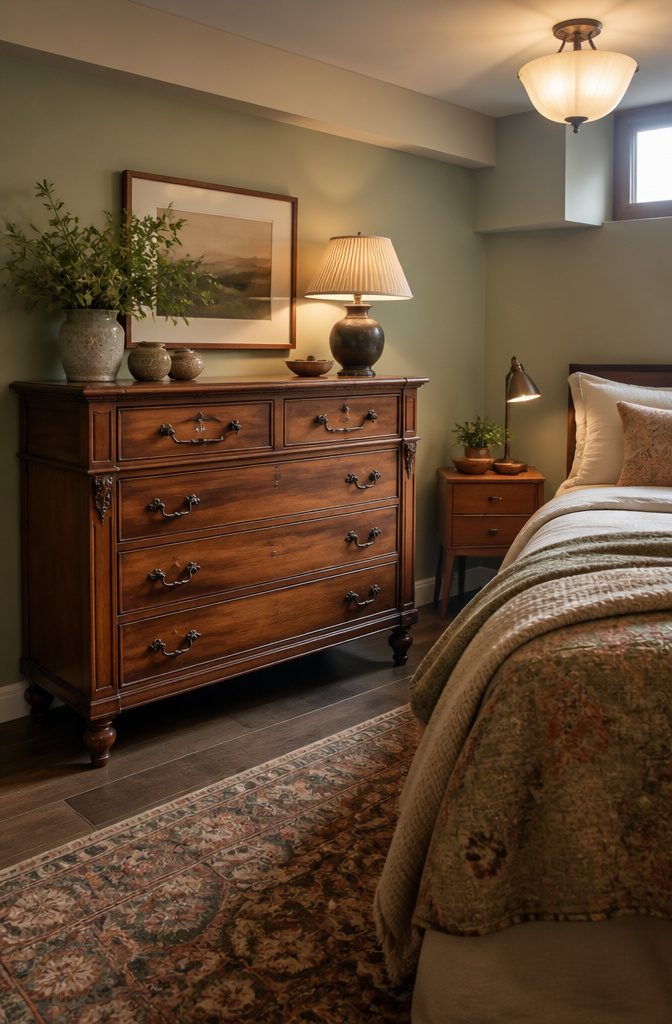 Basement bedroom with vintage wooden furniture and decor.