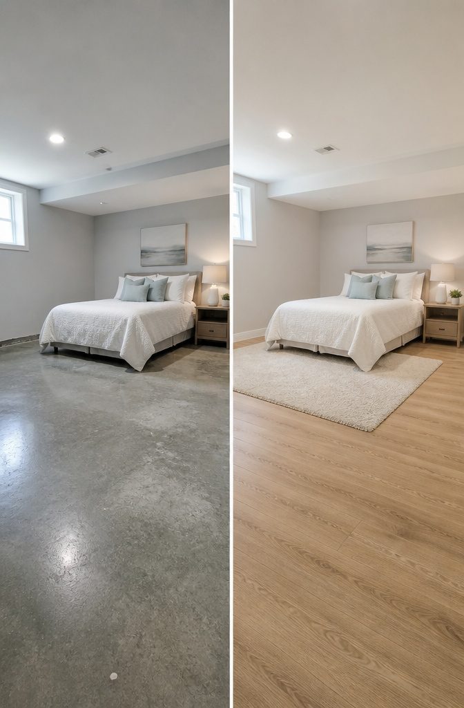 Basement bedroom featuring honey butter oak luxury vinyl plank flooring.