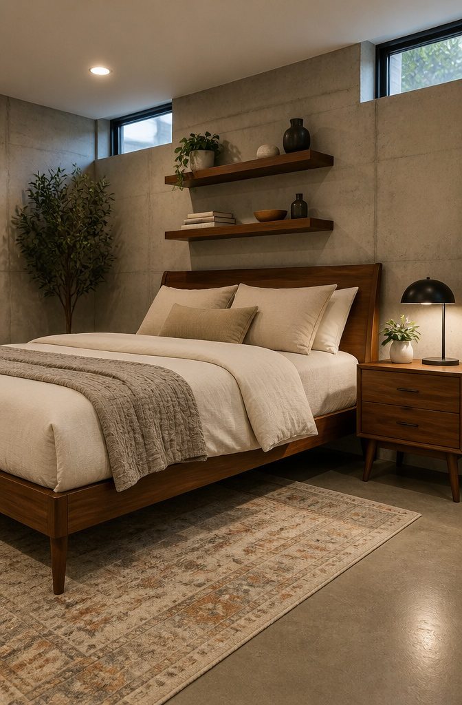 Cozy basement bedroom with mid-century walnut furniture.